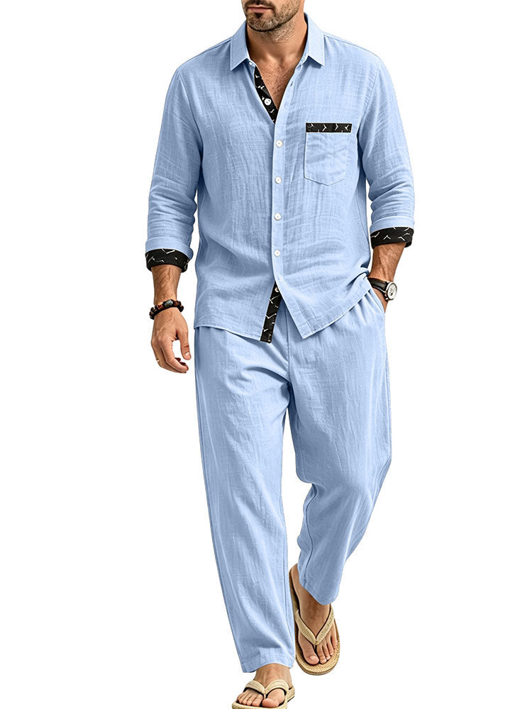 Herren Leichtes Leinenoptik Freizeit-Set mit Hemd und Relax-Hose Drune