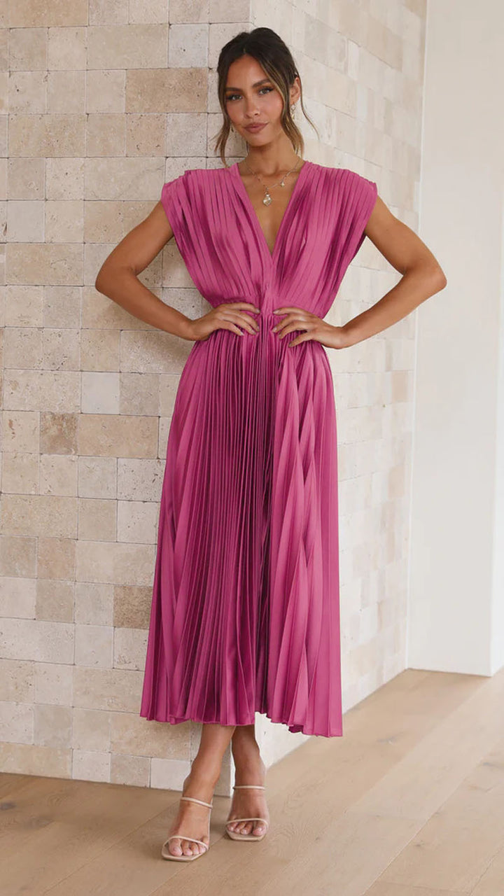 Damen Plissiertes Maxikleid mit tiefem V-Ausschnitt und fließendem Schnitt Drune