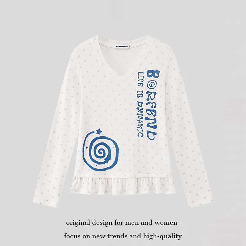 Damen Langarmshirt mit V-Ausschnitt, Rüschen-Saum und grafischem Spiralmotiv Drune