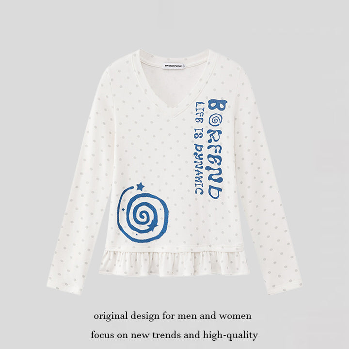 Damen Langarmshirt mit V-Ausschnitt, Rüschen-Saum und grafischem Spiralmotiv Drune