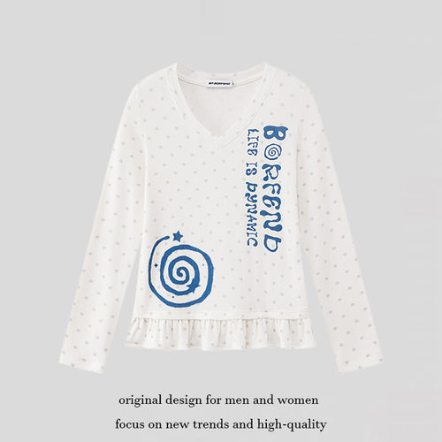 Damen Langarmshirt mit V-Ausschnitt, Rüschen-Saum und grafischem Spiralmotiv Drune