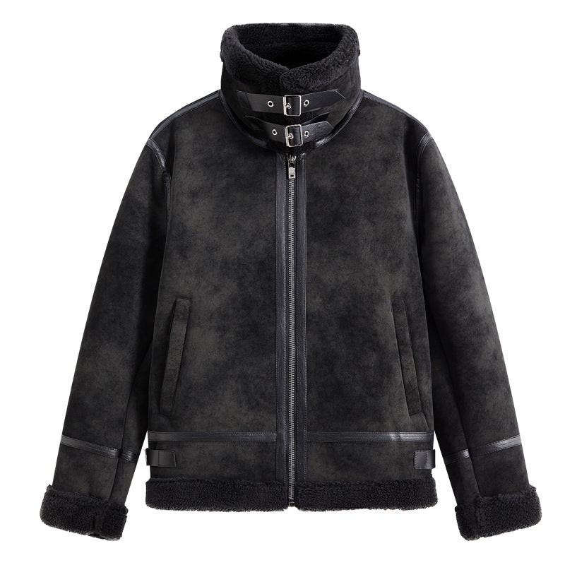 Herren Lammfellimitat Fliegerjacke mit hohem Kragen und Doppel-Schnallenverschluss Drune