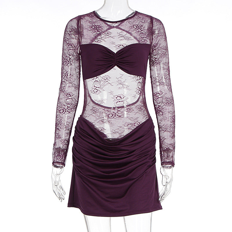 Damen Spitzenkleid mit figurbetontem Schnitt und Rüschendetails Drune
