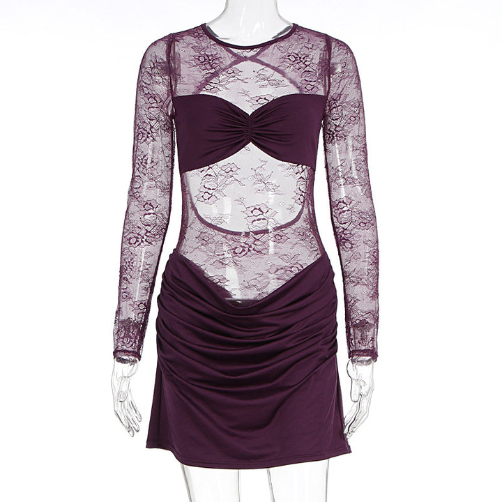 Damen Spitzenkleid mit figurbetontem Schnitt und Rüschendetails Drune