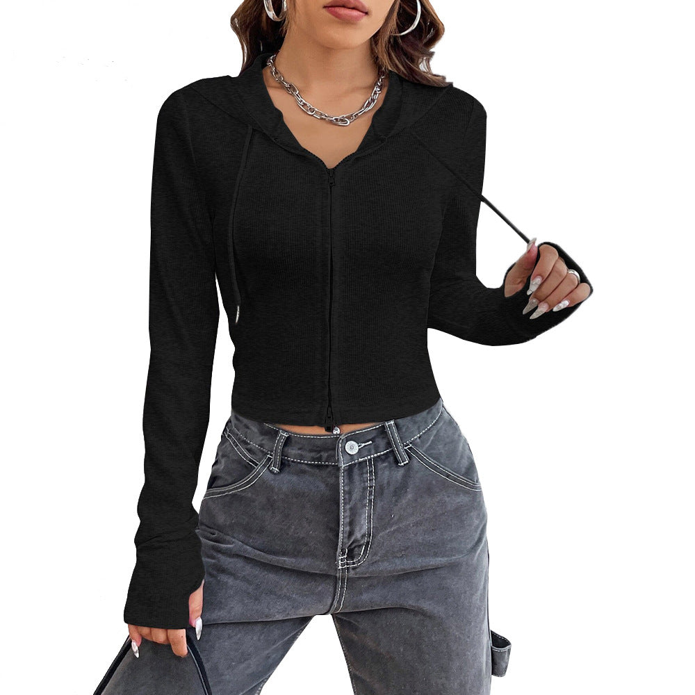 Damen cropped Hoodie mit modischer Kapuze und Reißverschluss Drune