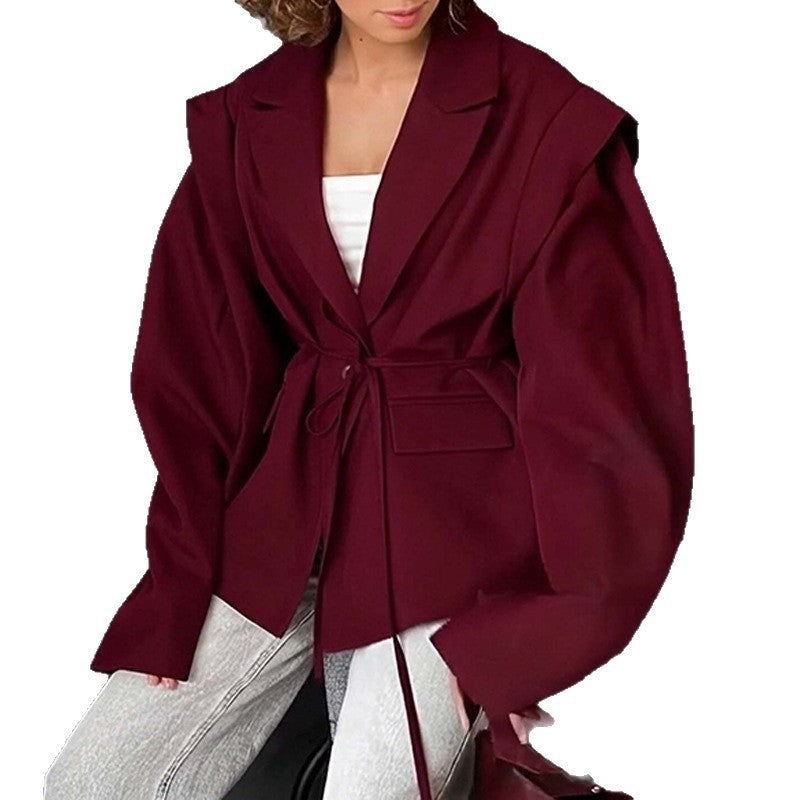 Damen nan taillierter Blazer mit Bindegürtel und Oversize-Ärmeln Drune