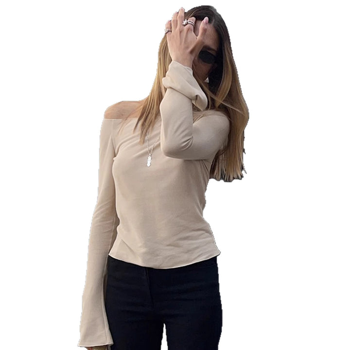Damen Figurbetontes Off‑Shoulder Langarmshirt mit ausgestellten Manschetten Drune