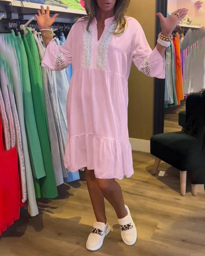 Damen nan lockeres Babydoll-Tunikakleid mit Spitzenpasse, V-Ausschnitt, Stehkragen und Stufenvolant Drune