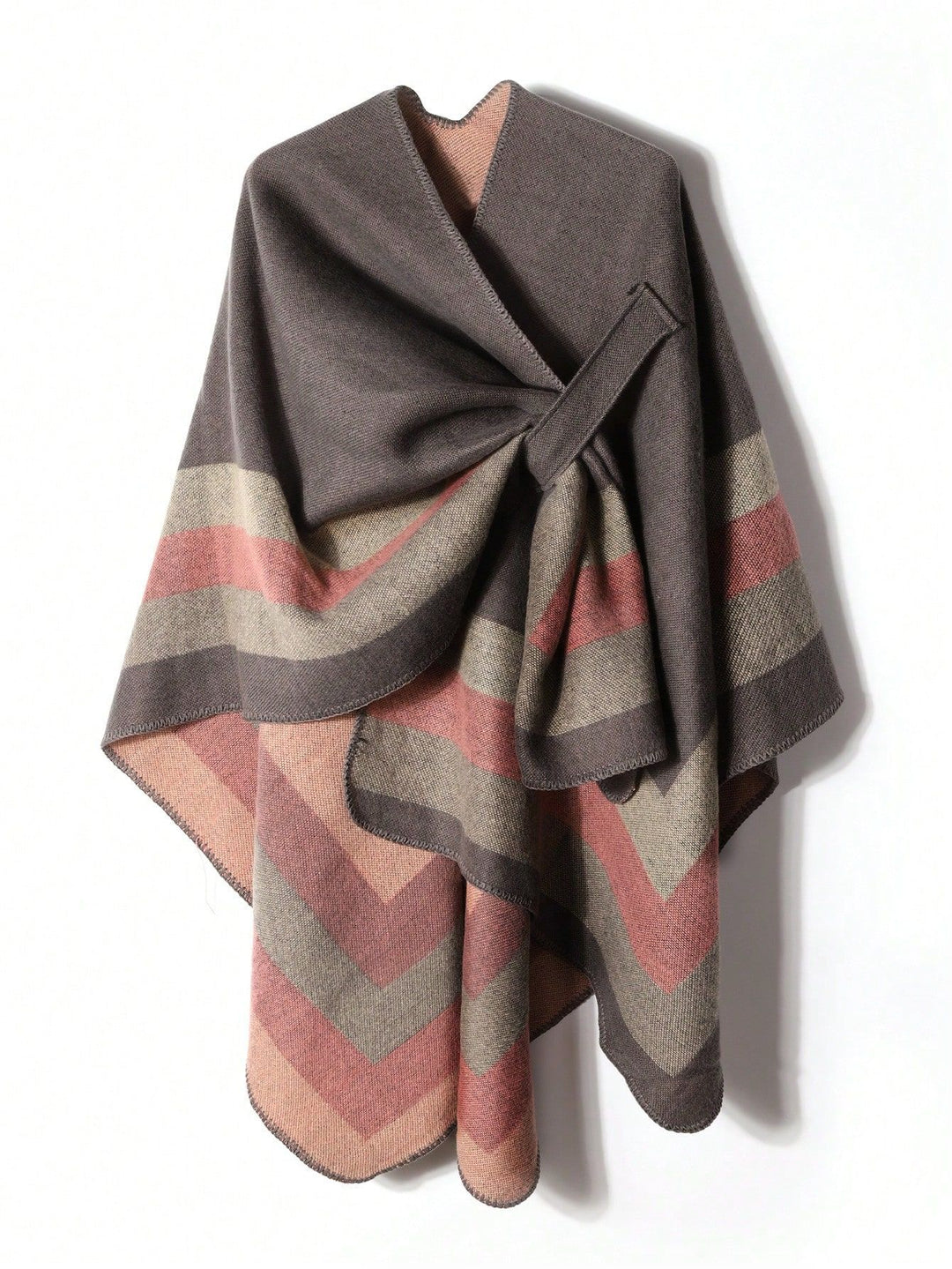 Damen Wolloptik-Poncho mit asymmetrischen Blockstreifen und Zierstichkante Drune