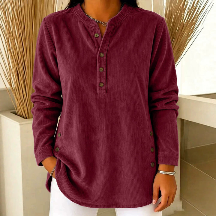 Damen Lässige Cordoptik‑Tunika mit Henley‑Kragen und Seitenknöpfen Drune