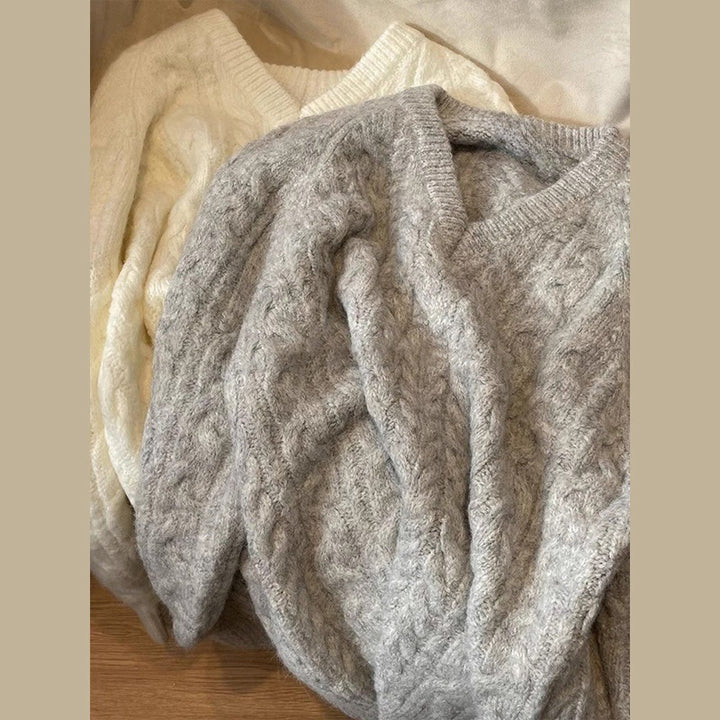 Damen Grobstrickpullover mit V-Ausschnitt und Zopfmuster Drune
