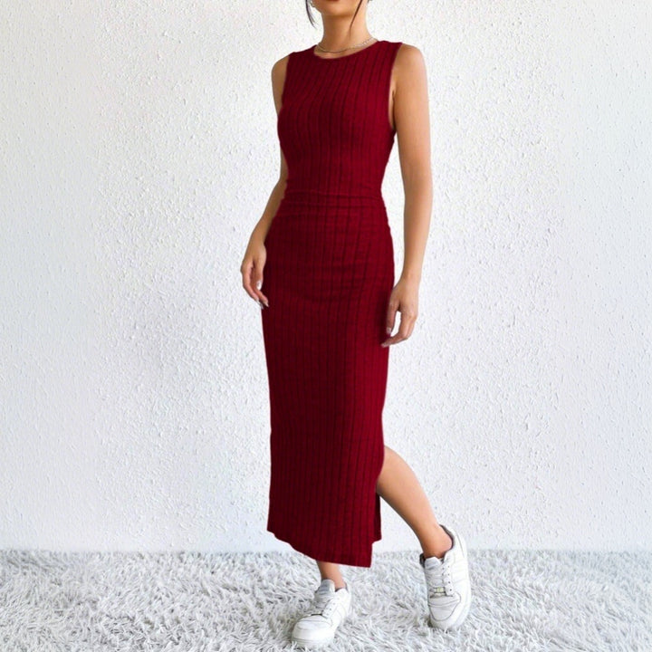 Damen geripptes Midikleid mit figurformendem Bustieroberteil hohem Seitenschlitz und passendem Longcardigan aus Feinstrick Drune