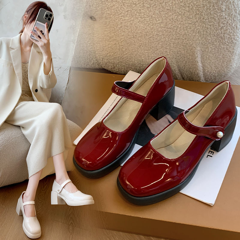 Damen elegante Mary Jane Schuhe mit Perlenschnalle Drune