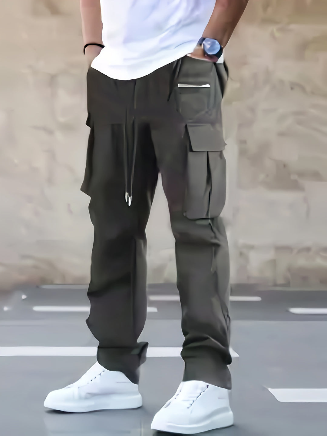 Herren utilitaristische Cargohose mit Reißverschluss‑Tasche, Klappen & Kordelbund Drune
