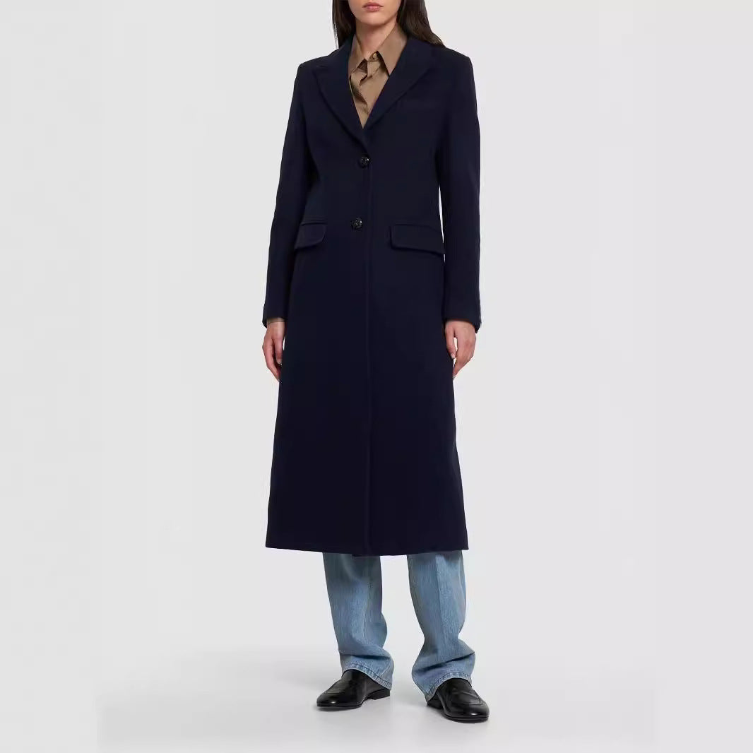 Damen Midilanger Einreihiger Tailoring‑Mantel mit schmalem Revers und Pattentaschen Drune