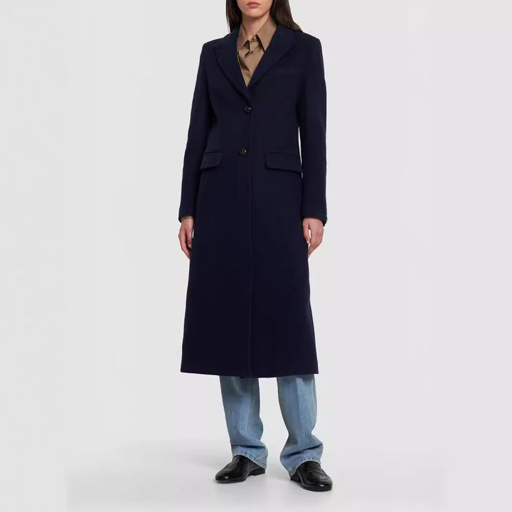 Damen Midilanger Einreihiger Tailoring‑Mantel mit schmalem Revers und Pattentaschen Drune