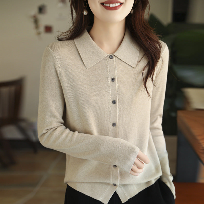 Damen Leichter Feinstrick-Cardigan mit Polokragen und durchgehender Knopfleiste Drune