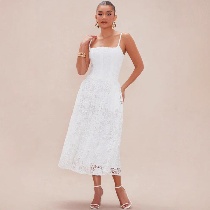 Damen Spitzen-Midi-Kleid mit zartem Blumenmuster und schwingendem Rock Drune