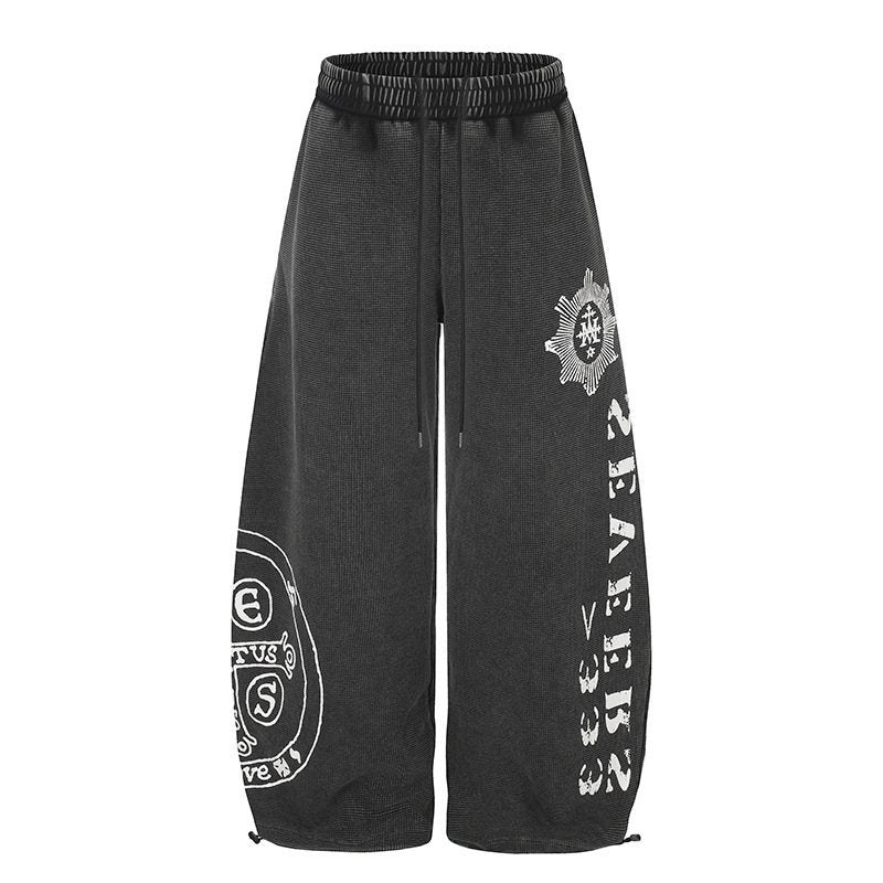 Damen Weite Mid‑Calf Palazzo‑Sweathose mit verstellbarem Saum, Tunnelzugbund und Statement‑Print Drune