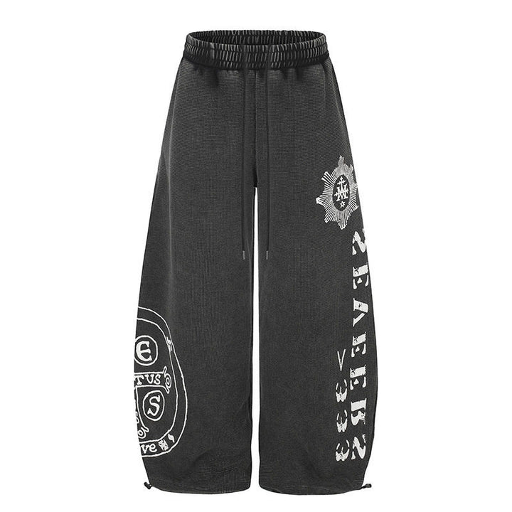 Damen Weite Mid‑Calf Palazzo‑Sweathose mit verstellbarem Saum, Tunnelzugbund und Statement‑Print Drune
