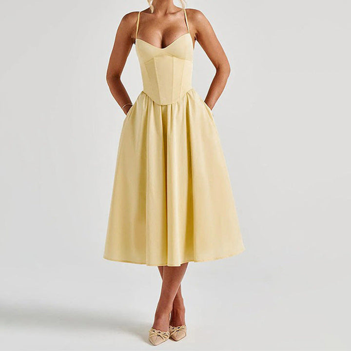 Damen Midikleid mit herzförmigem Ausschnitt und schwingendem Rock Drune