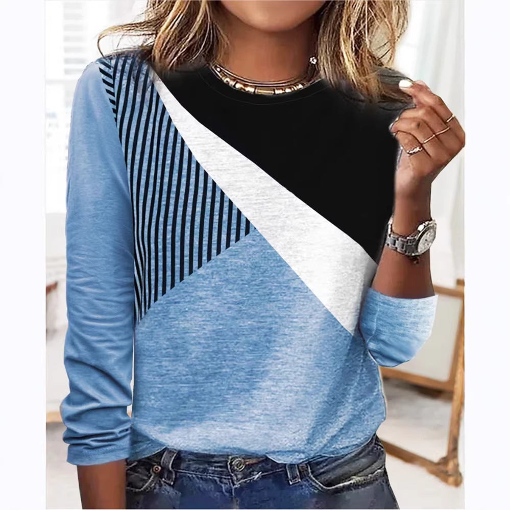 Damen Farbblock Langarmshirt mit schrägem Streifenmuster und Rundhalsausschnitt Drune