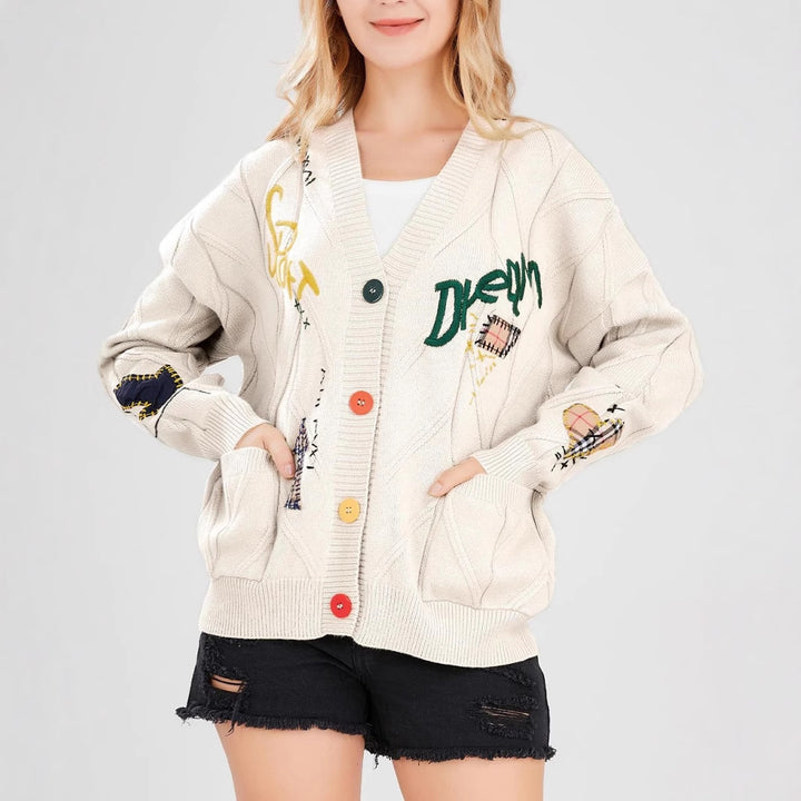 Damen Stylischer Strickcardigan mit bunten Knöpfen und aufwendigem Design