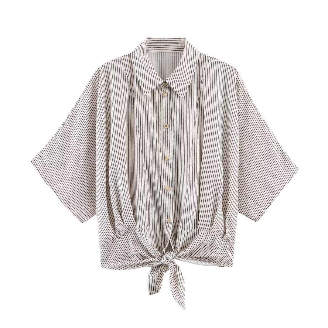 Damen Gestreifte Oversize-Bluse mit Kimonoärmeln und Knotenfront Drune