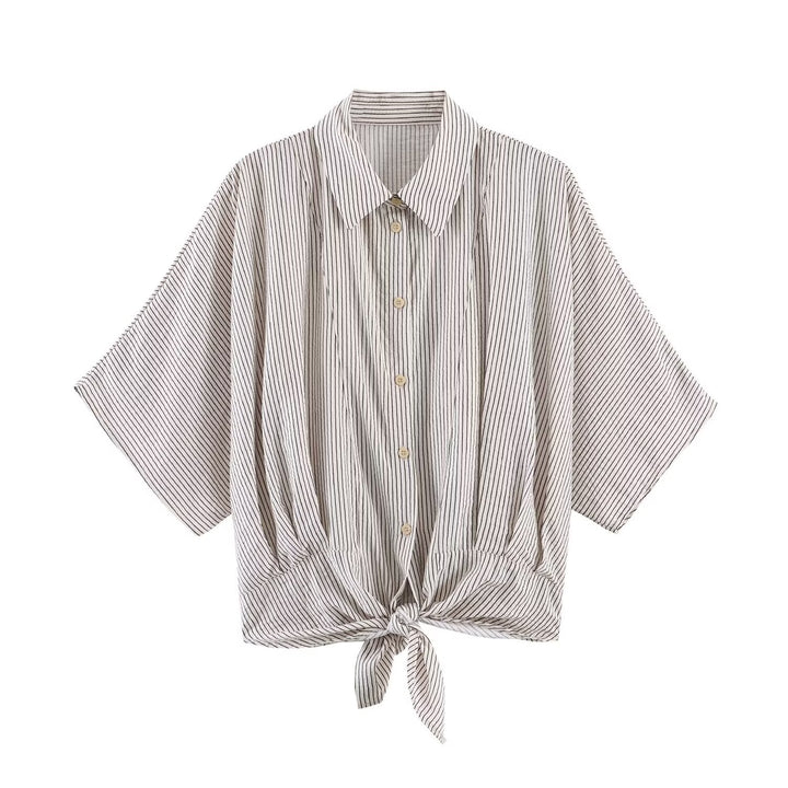 Damen Gestreifte Oversize-Bluse mit Kimonoärmeln und Knotenfront Drune