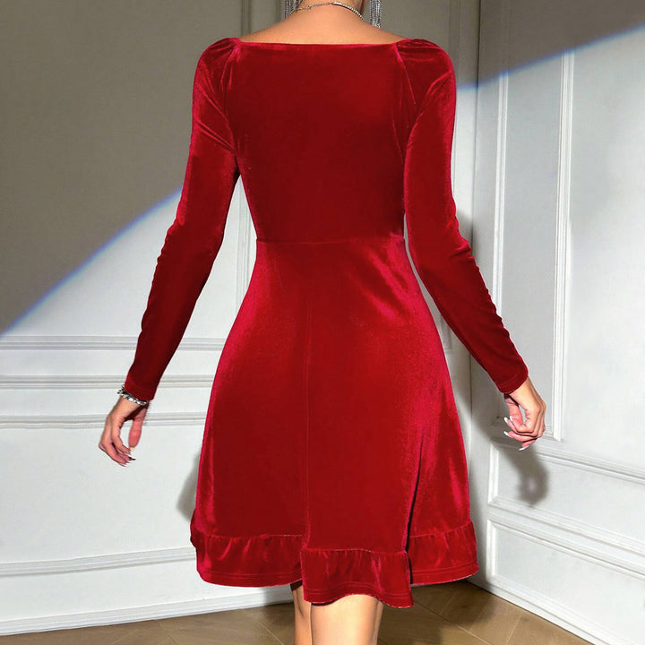 Damen Samt-Cocktailkleid mit Wickel-Bustier taillierter Empire-Passform und Volant-Saum Drune