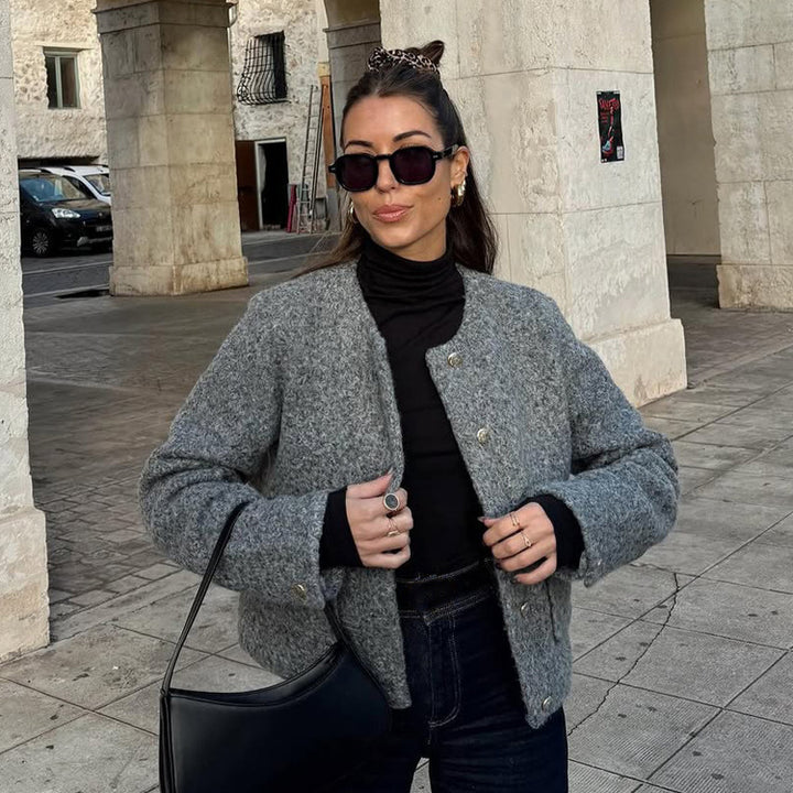 Damen Boxy Wollmix-Boucléjacke im Cabanstil mit Rundhalsausschnitt & goldfarbenen Zierknöpfen Drune