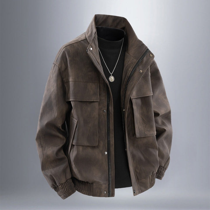 Herren Utility-Harringtonjacke in Lederoptik mit Mehrfachtaschen und elastischem Saum Drune