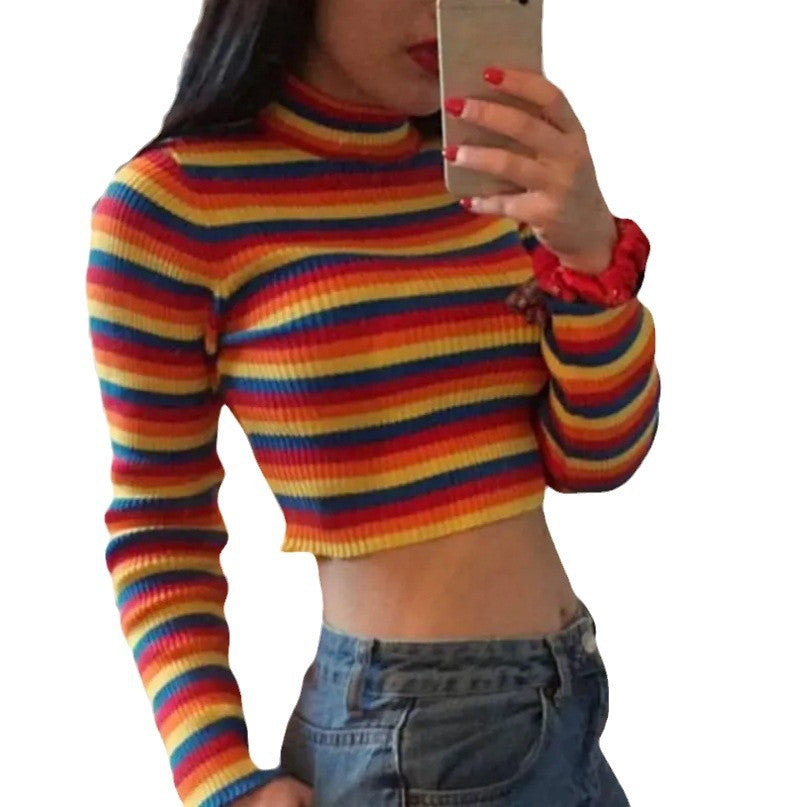 Damen Stylishes Crop-Top mit Rollkragen und buntem Streifenmuster Drune