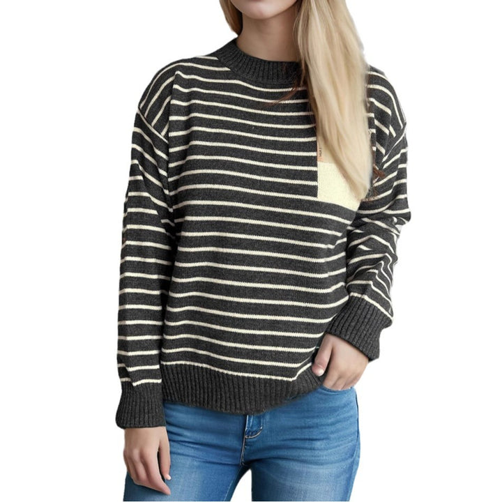 Damen lässiger Strickpullover mit breitem Streifenmuster und überschnittenen Schultern Drune