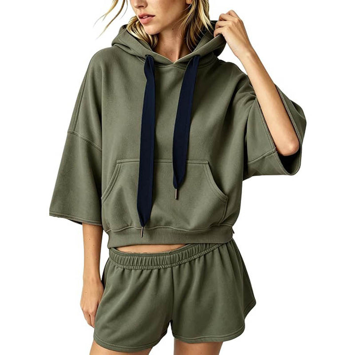 Damen Cropped Kapuzenpullover mit 3/4-Ärmeln und Kängurutasche Drune