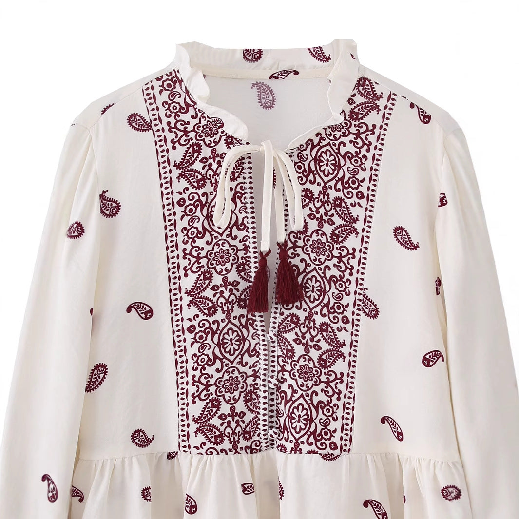 Damen nan boho Paisley Tunika-Bluse mit Quastenbindegürtel und voluminösen Ballonärmeln Drune