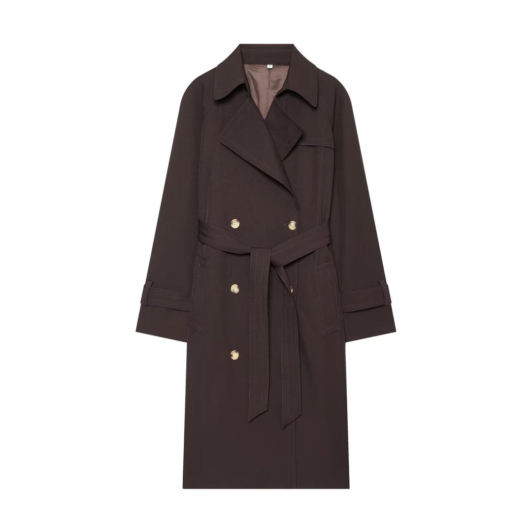 Damen Longline Doppelreihiger Trenchcoat mit Taillengürtel, Ziernähten und Umlegekragen Drune