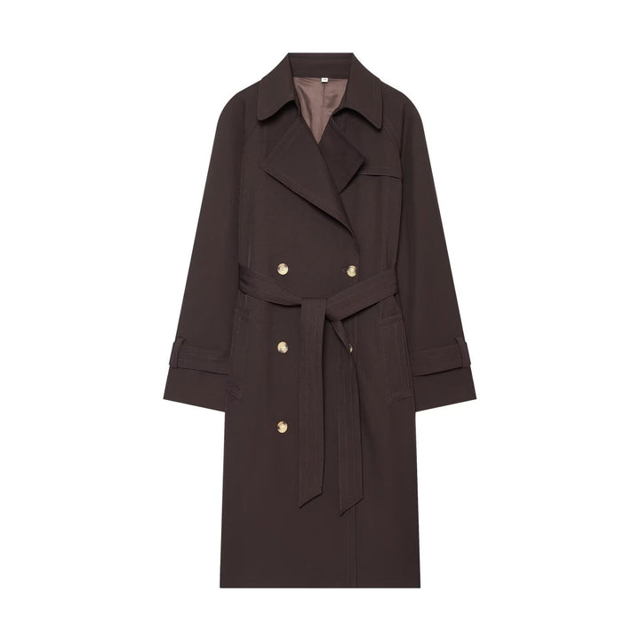 Damen Longline Doppelreihiger Trenchcoat mit Taillengürtel, Ziernähten und Umlegekragen Drune