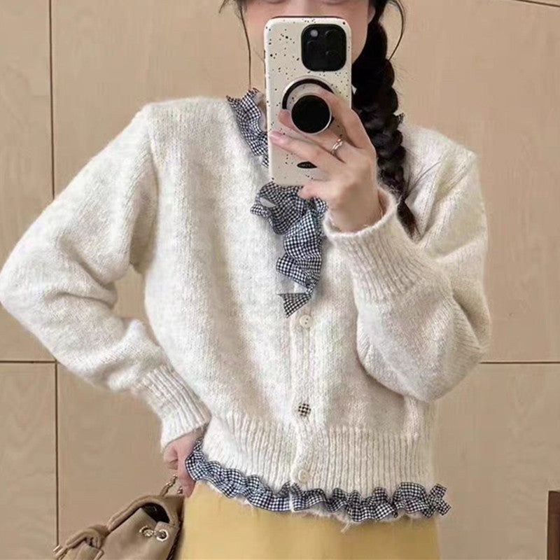 Damen Strickjacke mit Rüschen und eleganter Schleife Drune