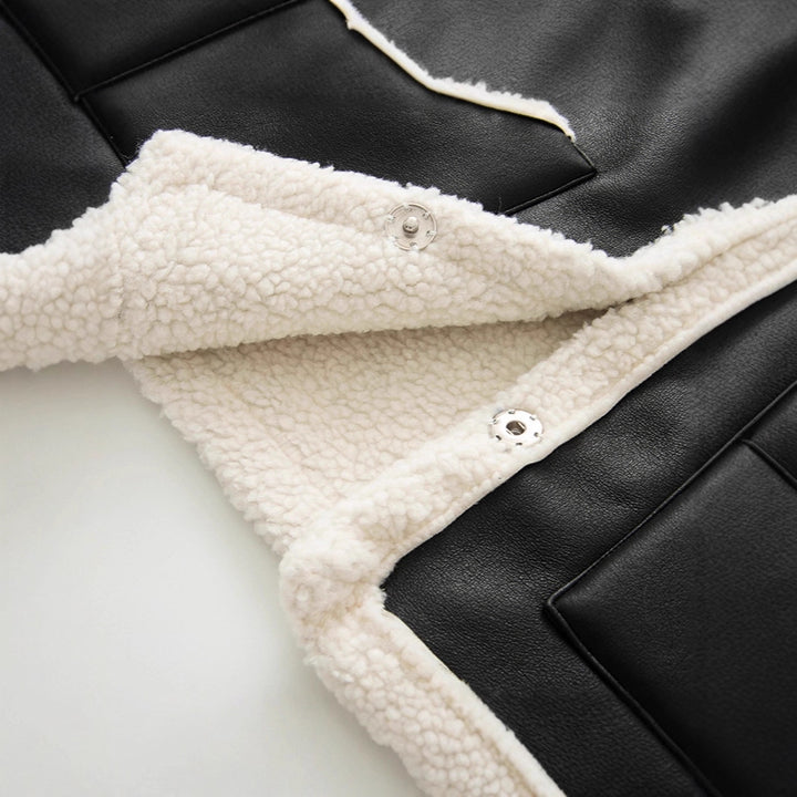 Damen Ärmellose Lammfell‑Optik Weste mit Reverskragen und aufgesetzten Taschen Drune