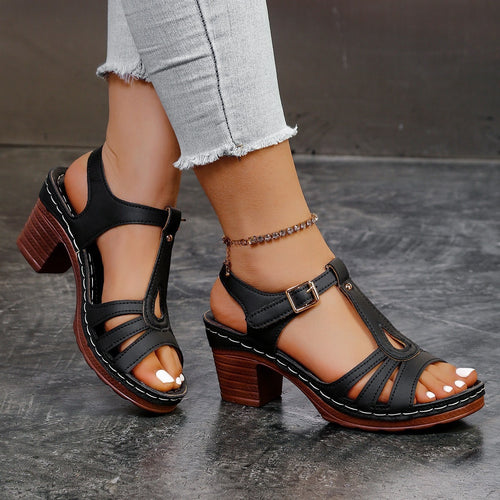 Damen T-Strap Sandaletten mit gepolstertem Komfortfußbett und mittlerem Blockabsatz Drune