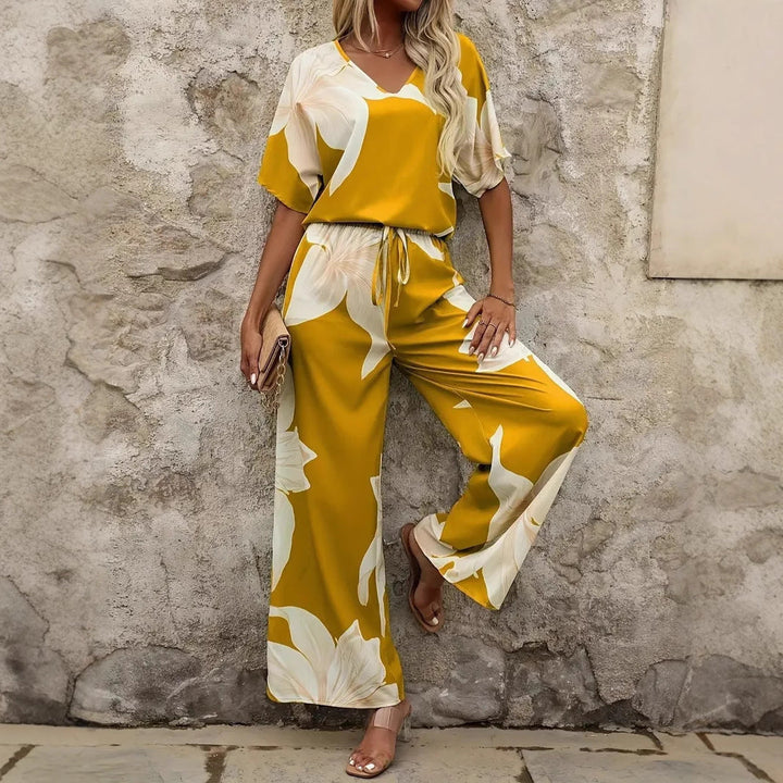Damen luftiger Hosenanzug mit floralem Print und elastischem Bund Drune