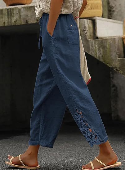 Damen luftige Leinenhose mit dekorativen Stickereien Drune