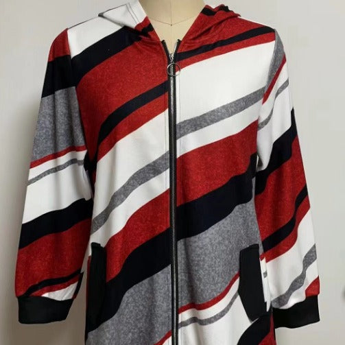 Damen nan Longline-Kapuzenjacke mit diagonalem Streifenmuster, Ringreißverschluss und Seitentaschen Drune