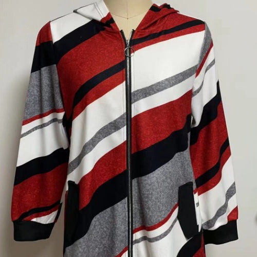 Damen nan Longline-Kapuzenjacke mit diagonalem Streifenmuster, Ringreißverschluss und Seitentaschen Drune