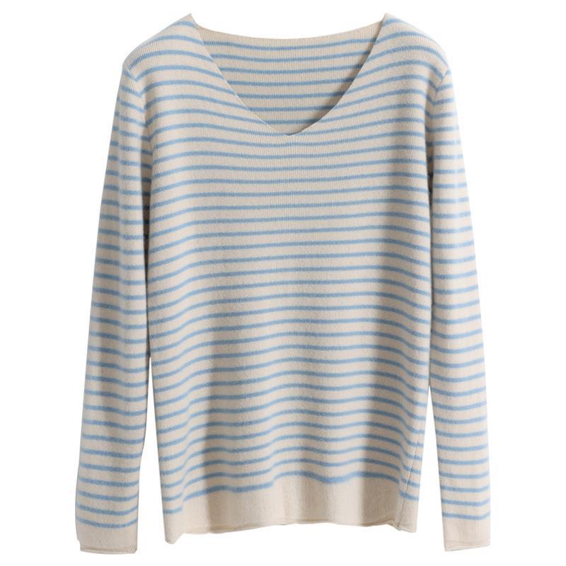 Damen Zarter Streifen-V‑Ausschnittpullover aus feinem Rippstrick mit weichem Fall Drune