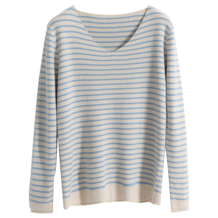 Damen Zarter Streifen-V‑Ausschnittpullover aus feinem Rippstrick mit weichem Fall Drune