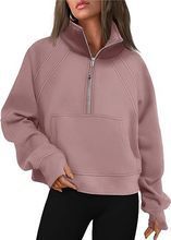 Damen nan weit geschnittenes Kurzpullover mit Stehkragen, halbem Reißverschluss und Kängurutasche Drune