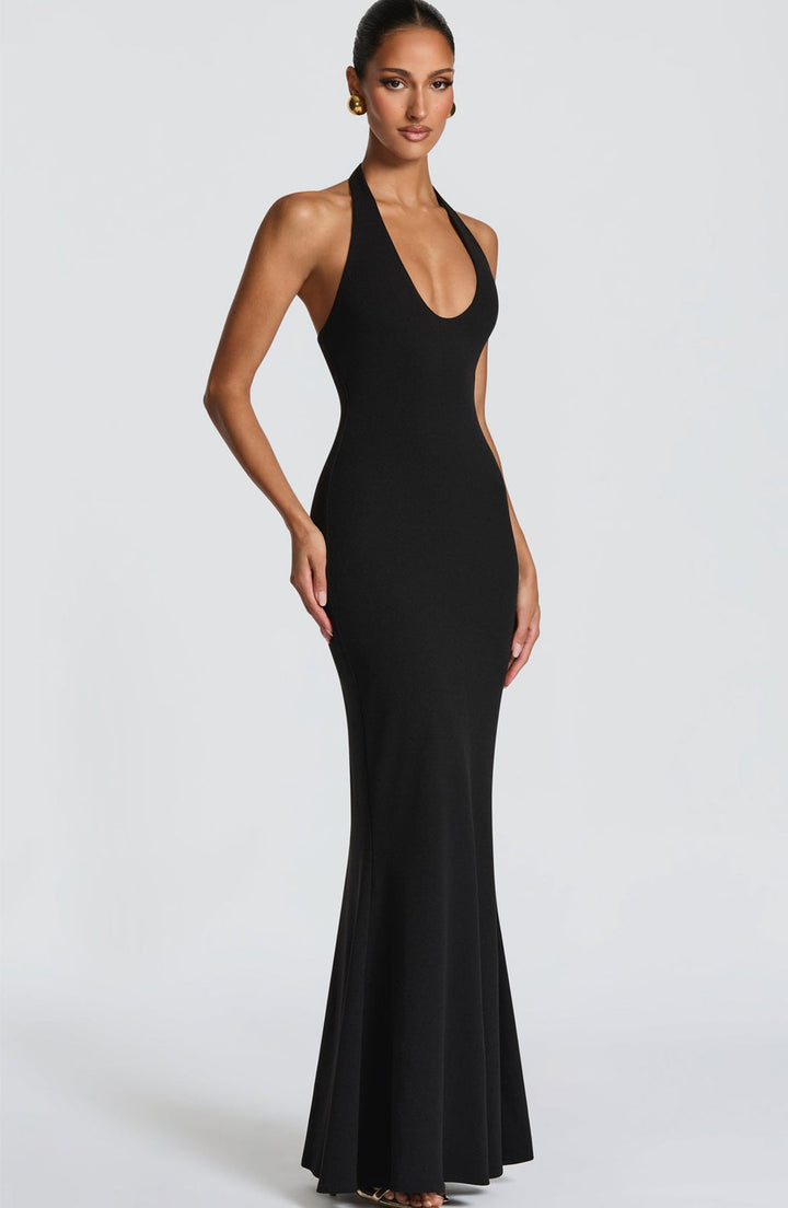 Damen Elegantes Bodenkleid mit tiefem V-Ausschnitt und figurbetontem Design Drune