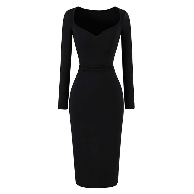 Damen Eng anliegendes Midikleid mit herzförmigem Ausschnitt und langen Ärmeln Drune